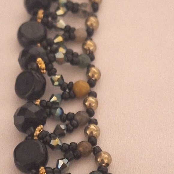 Artisan Dark Agate and Iridescent Crystal Bead Collar Necklace with Gold Accents - Picture 4 of 7